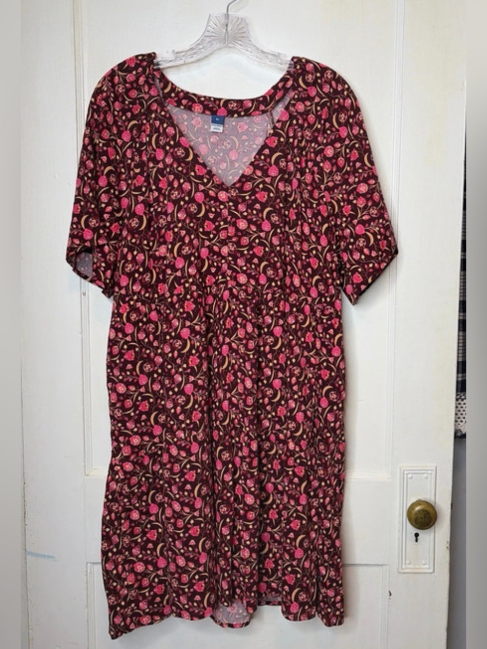 Old Navy Burgundy and Pink Floral V-Neck Babydoll Dress